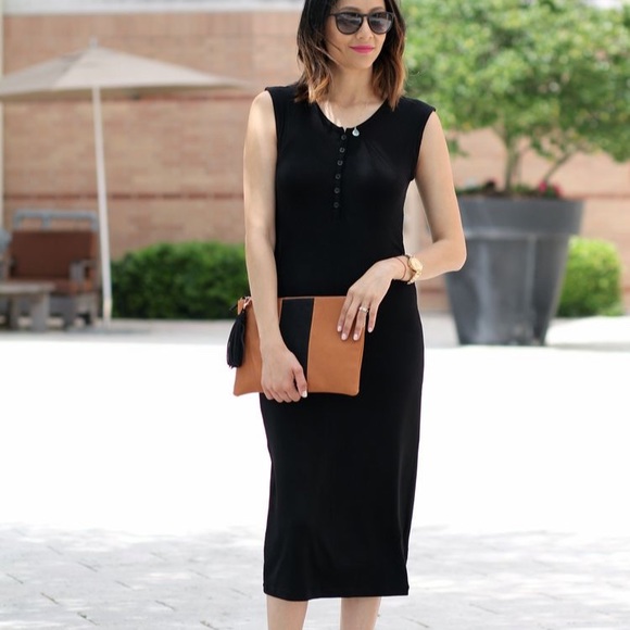 Black Ribbed Henley Midi Dress 